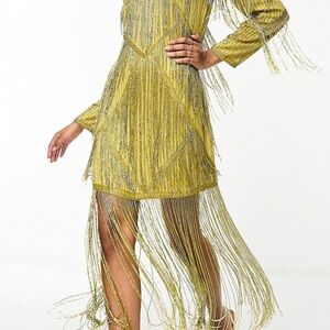 ASOS Gold Long Sleeve Fringe Dress